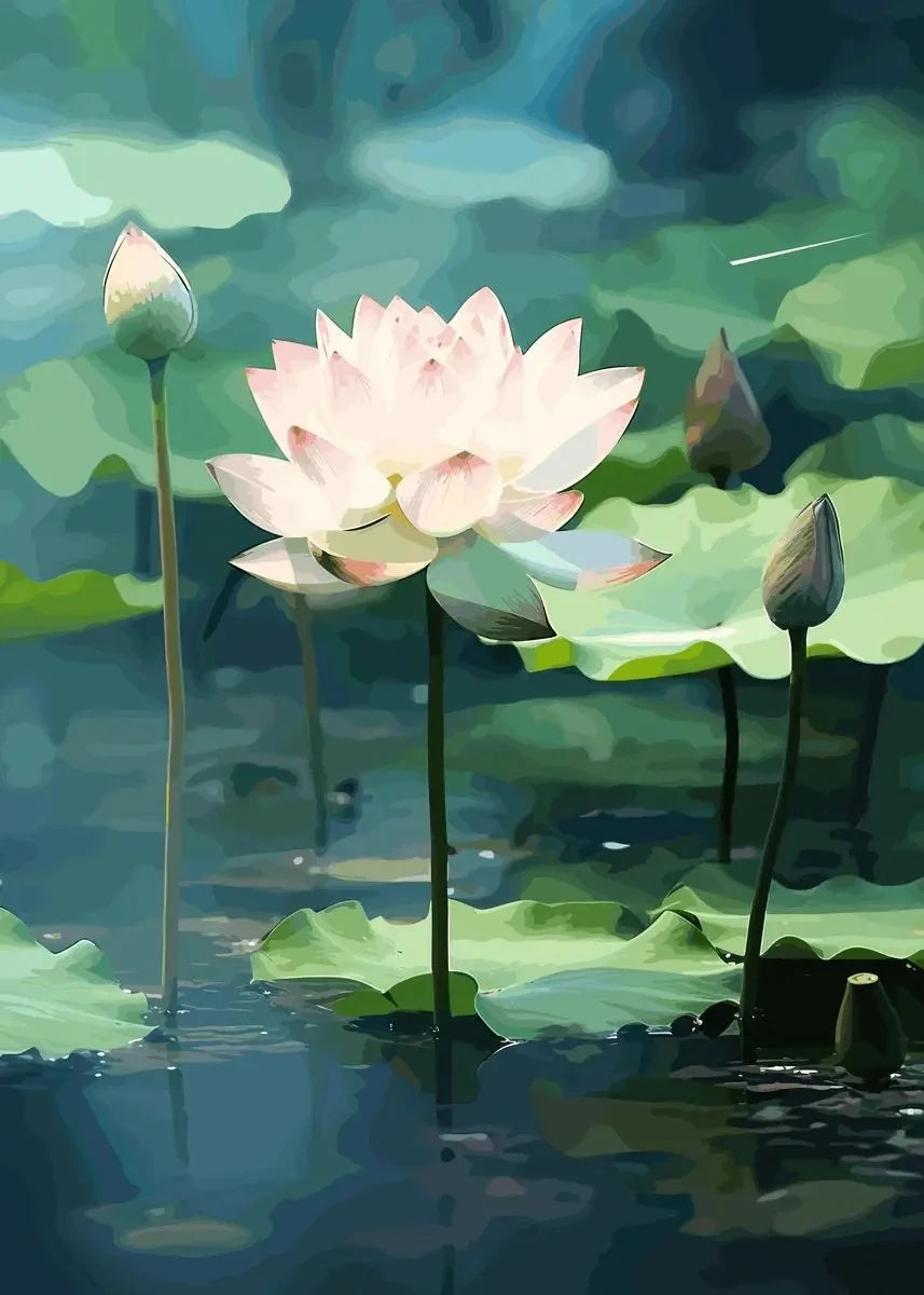 Chinese Lotus Flower Canvas Wall Art Print | Unframed Poster