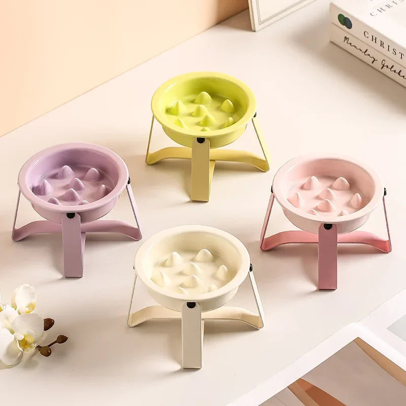 Ceramic Slow Feeder Cat Bowl with Elevated Iron Stand Elevated Cat Bowl Peaceful Pleasures Health and Wellness