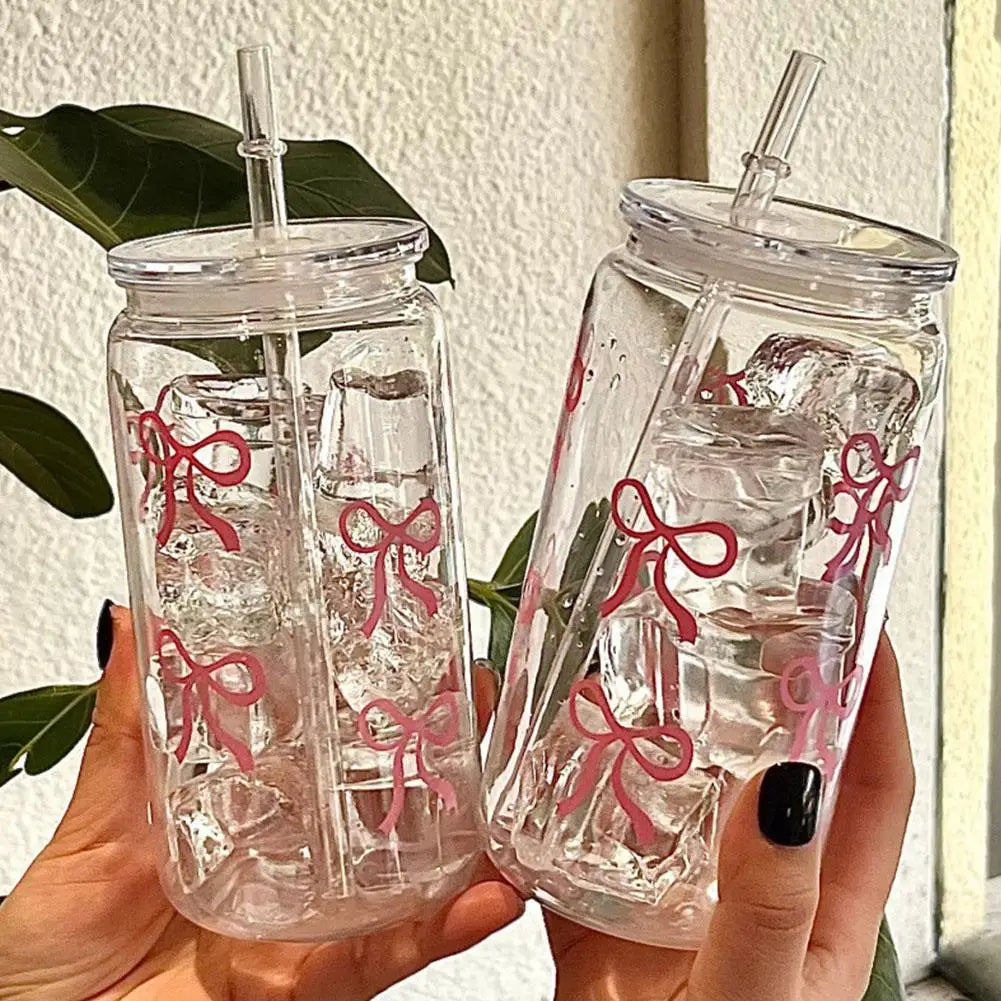Pink Bow Transparent Plastic Tumbler with Straw | Hot & Cold