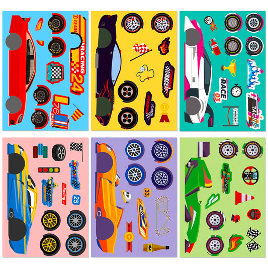 Cool Racing Car Cartoon Puzzle Sticker 6 Sheets DIY Face Swap Peaceful Pleasures Health and Wellness 6 sheets