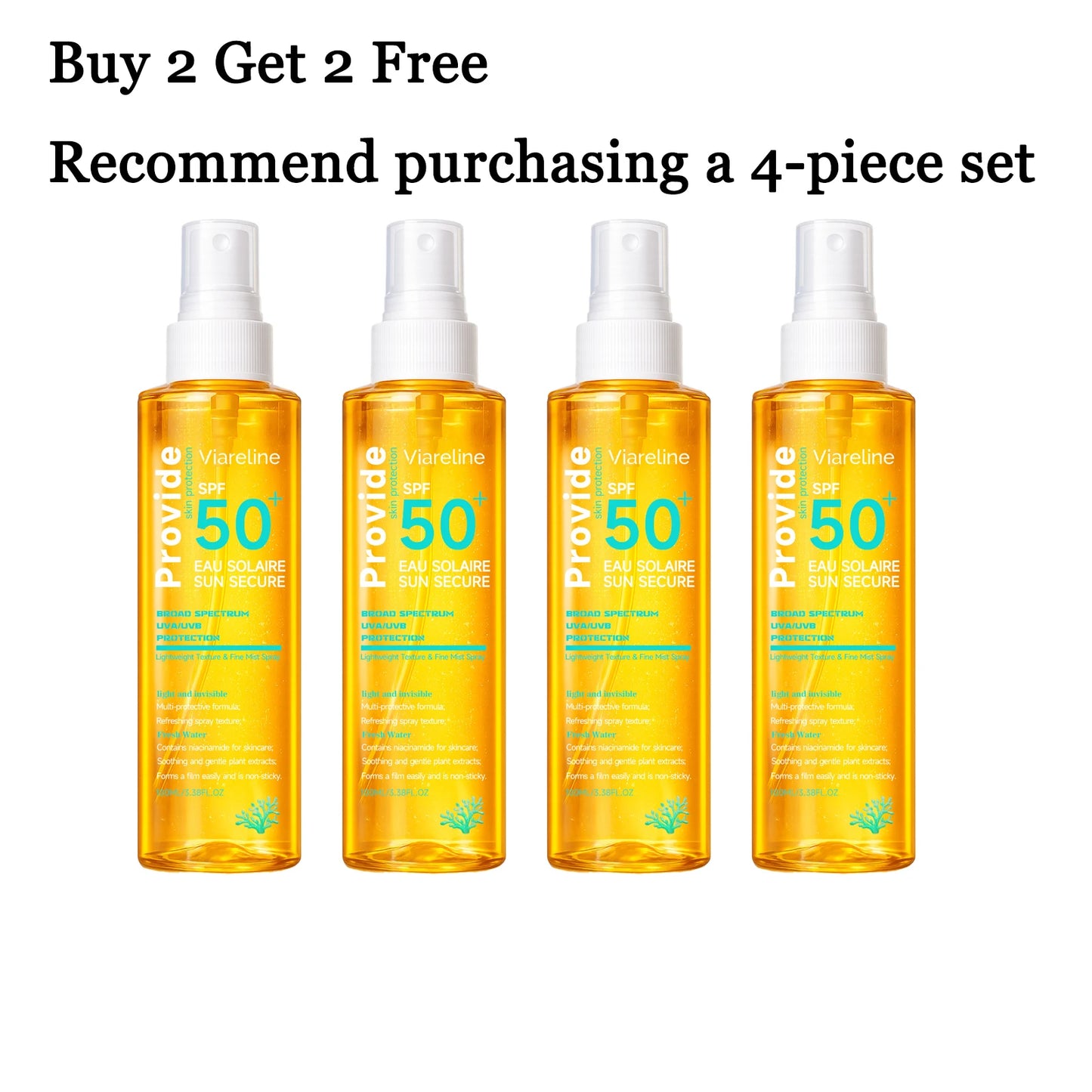 100ML Spf50 Sunscreen Spray Non-stciky Protect Skin Moisturizing Enhance Smoothness Refreshing Prevent Sunburn Sunscreen Spray Peaceful Pleasures Health and Wellness 4 pcs