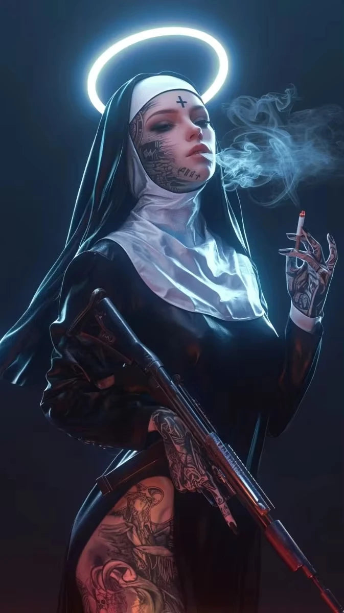 Smoking Nun Canvas Print Sexy Tattoo Machine Gun Nun Christian Wall Art Home Decor Peaceful Pleasures Health and Wellness