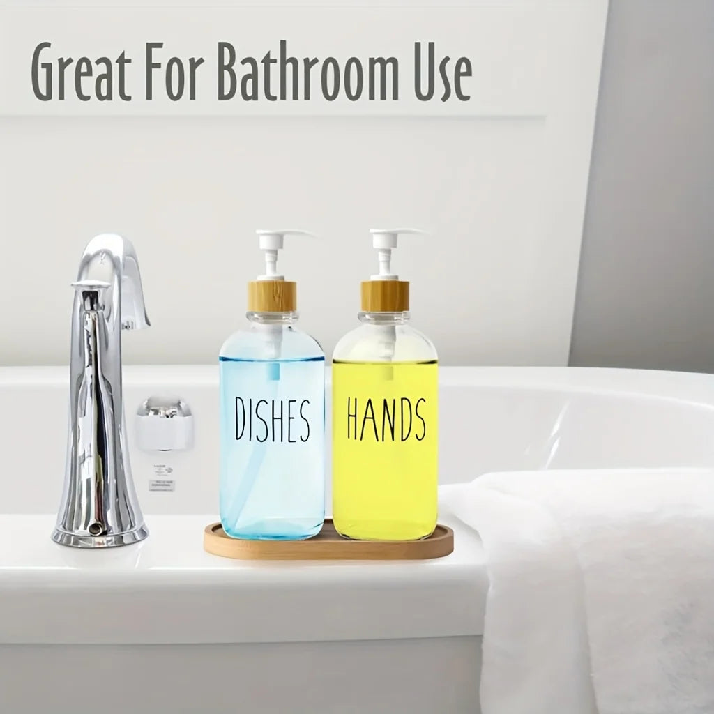 Soap Dispenser Bottle with Tray & Anti-Rust Pump – 500ml Refillable Dispenser for Hand Soap, Dish Soap, Shampoo & Lotion