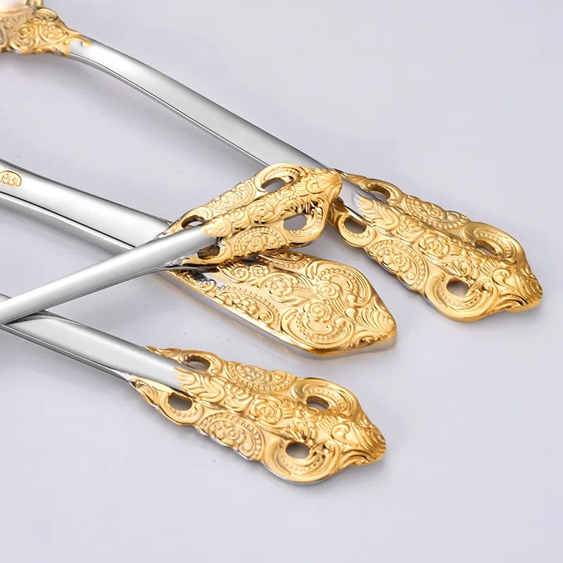 Stainless Steel Dinnerware Sets High-grade Knife Fork And Spoons Cutlery Kits Gold Plated Floral Pattern Tableware Dropship Peaceful Pleasures Health and Wellness