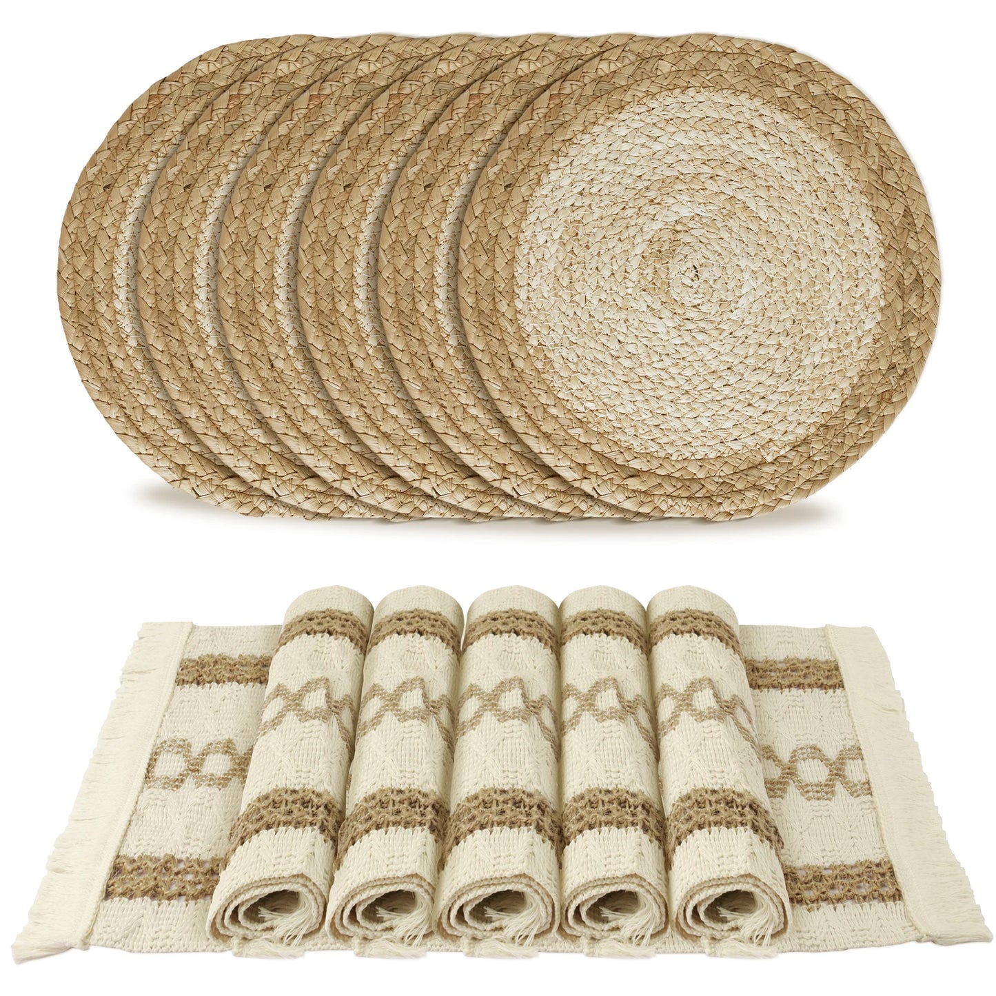 Boho Dining Table Mats Set of 6 Woven Placemats for Family Dinner Kitchen Table Decor Natural Round Eco-Friendly Placemats Peaceful Pleasures Health and Wellness