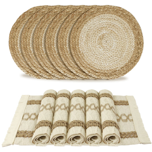 Boho Dining Table Mats Set of 6 Woven Placemats for Family Dinner Kitchen Table Decor Natural Round Eco-Friendly Placemats Peaceful Pleasures Health and Wellness