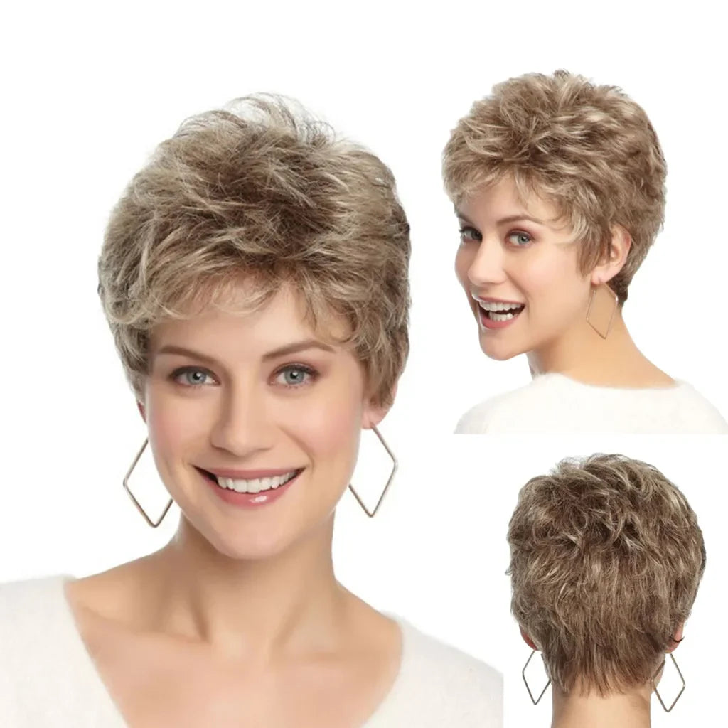 Short Golden Synthetic Wig with Fluffy Bangs – Heat Resistant