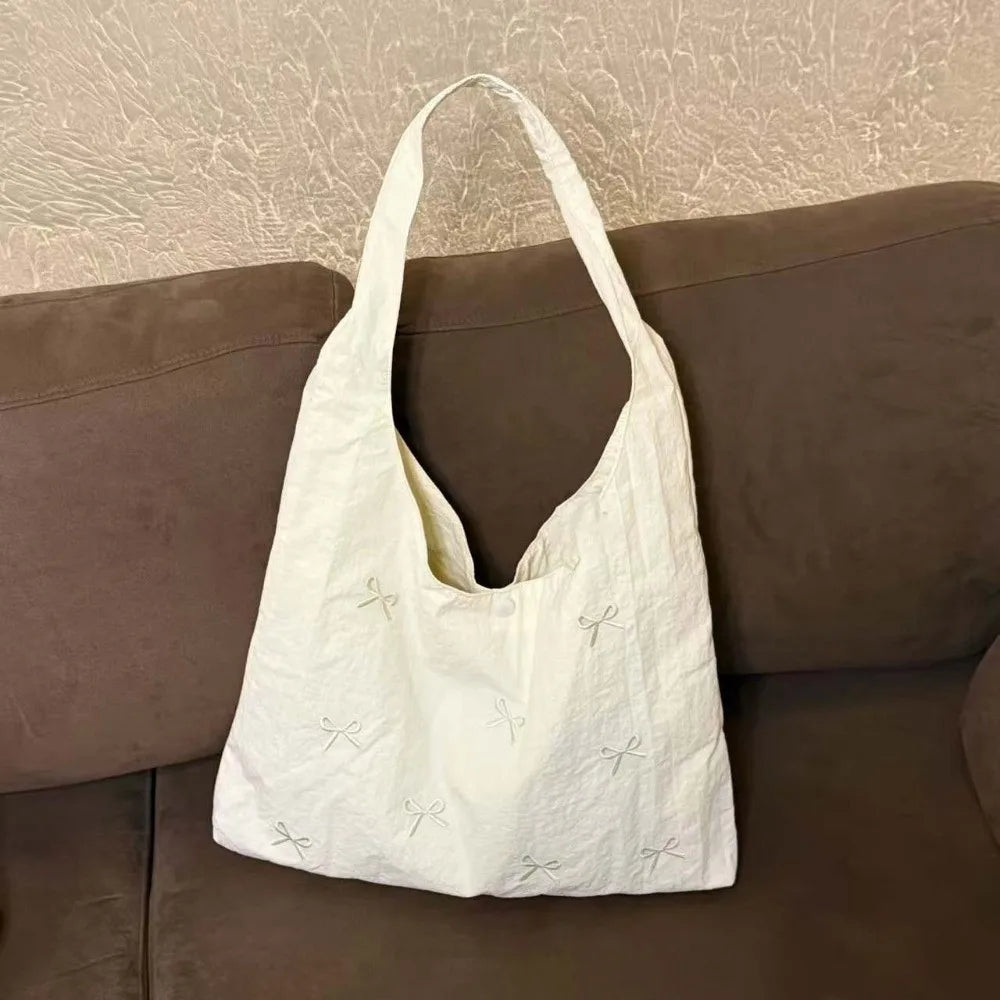 Bowknot Embroidered Canvas Tote Bag | Large Shoulder Handbag Canvas Tote Bag Peaceful Pleasures Health and Wellness White