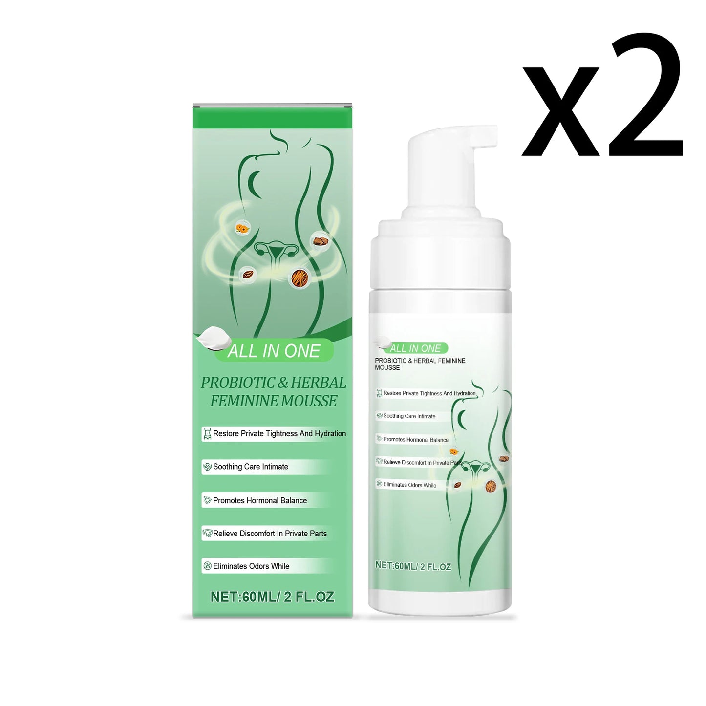 Herbal Women's Private Part Care Mousse Gentle Cleaning Remove Odor Relieve Local Discomfort Deep Protect Sensitive Areas Gel Peaceful Pleasures Health and Wellness 2x60ml