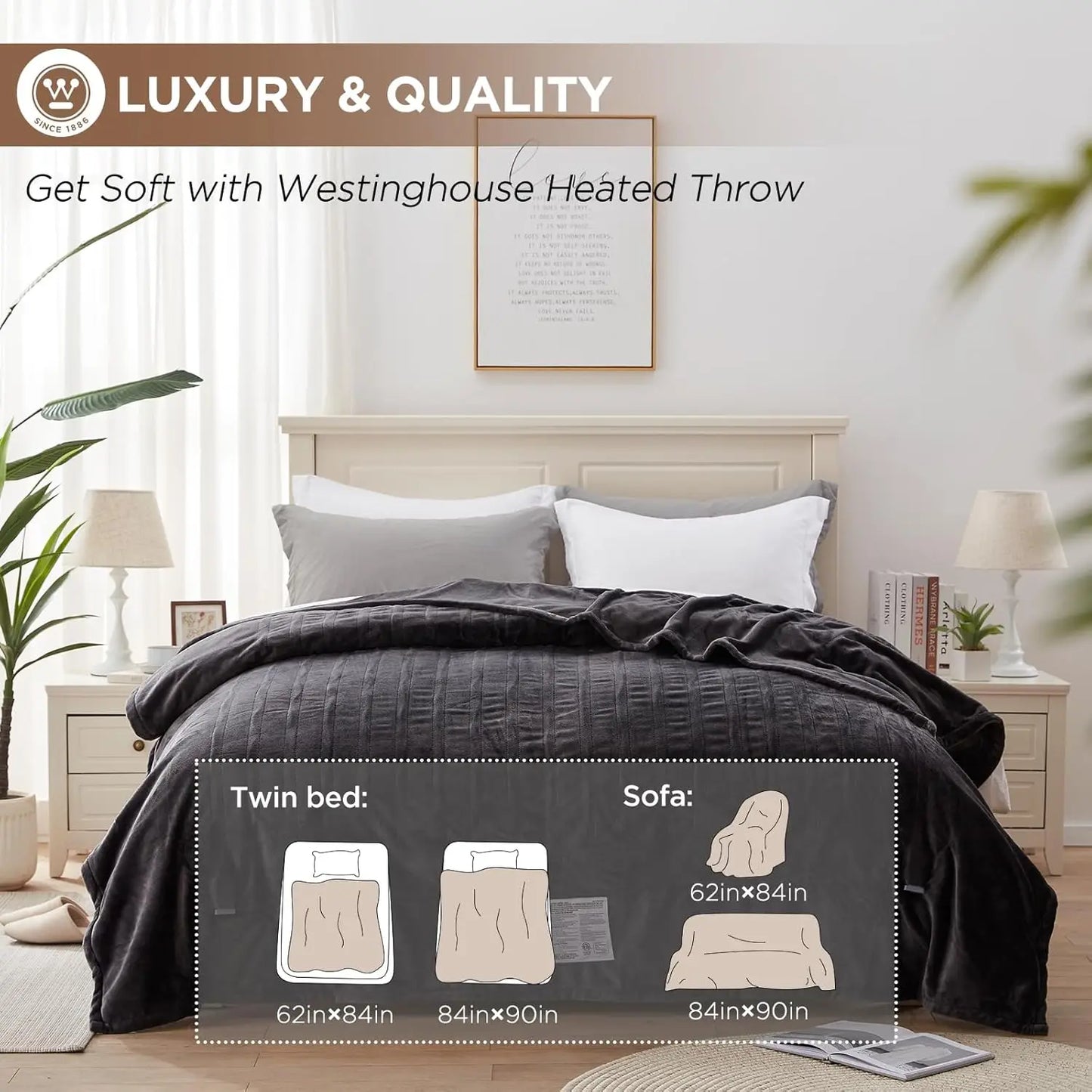 Queen Electric Heated Blanket 84x90" – 10 Levels, ETL/FCC, Charcoal Peaceful Pleasures Health and Wellness