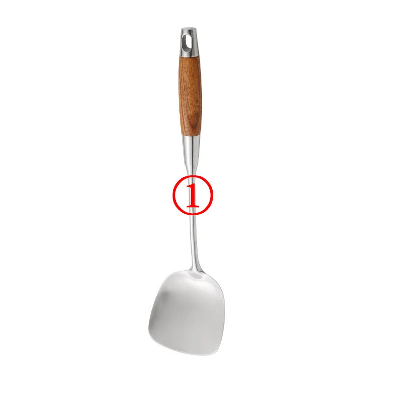 Rosewood Handle Stainless Steel Cookware Set Kitchen Durable Wok Spatula Colander Shovel Cooking Utensil Kitchenware Accessories