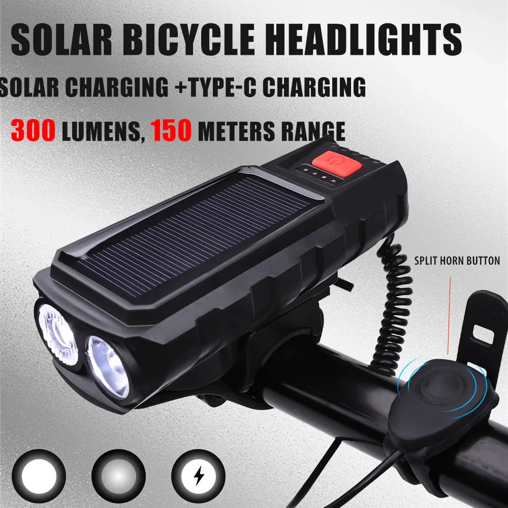 Solar Bike Front Light 300LM USB-C Rechargeable with 120dB Horn