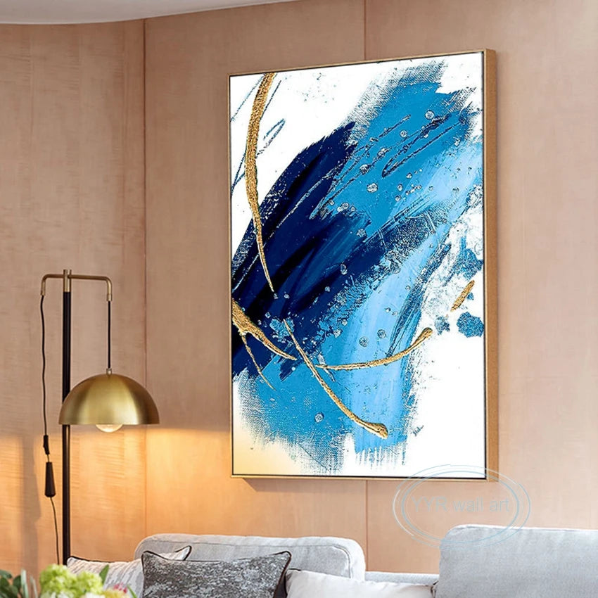 Canvas Wall Art Blue Oil Painting Handmade Gold Leaf Aesthetics Mural Living Room Bedroom Restaurant Porch Luxury Decor Poster Peaceful Pleasures Health and Wellness