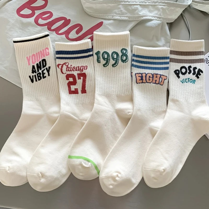 5 pairs of sports socks for women in autumn winter with striped letters sweat absorbing odor proof retro women's socks Peaceful Pleasures Health and Wellness Mixed color 5 pairs One Size