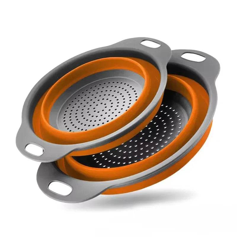 Silicone Folding Drain Basket Fruit Vegetable Washing Basket Foldable Strainer Colander Collapsible Drainer Kitchen Storage Tool Peaceful Pleasures Health and Wellness Orange L-24x29cm