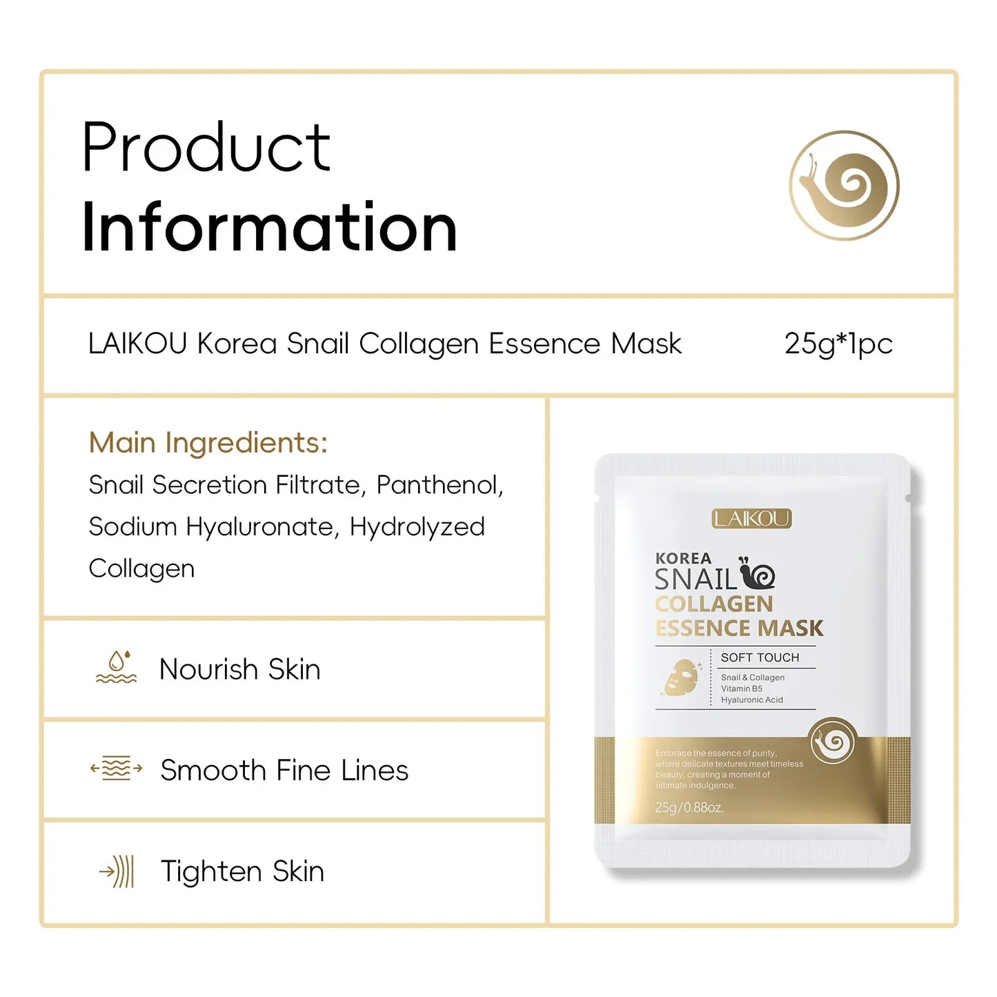 LAIKOU Snail Mucin Sheet Mask – Anti-Aging, Pores & Hydration