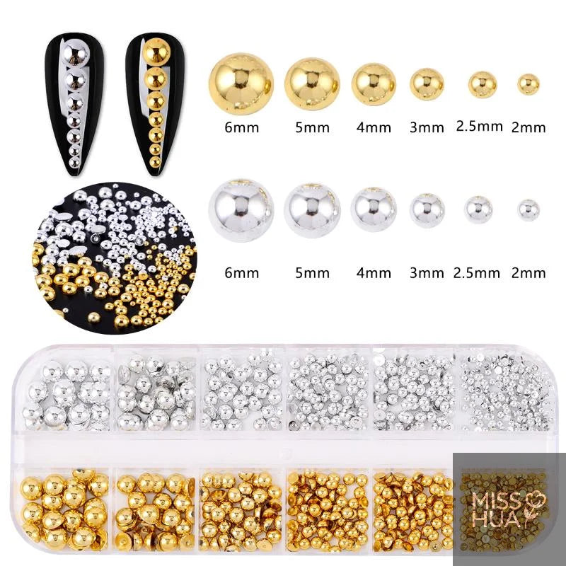 12-Grid Pearl Nail Charms Set – Gold & Silver Semi-Circular