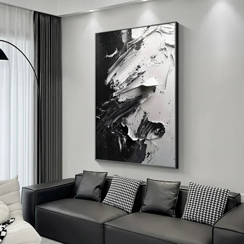 Hand Drawn Black and White Abstract Simple Modern Living Room Floor Painting, High-end Art Entrance Hanging Painting Peaceful Pleasures Health and Wellness