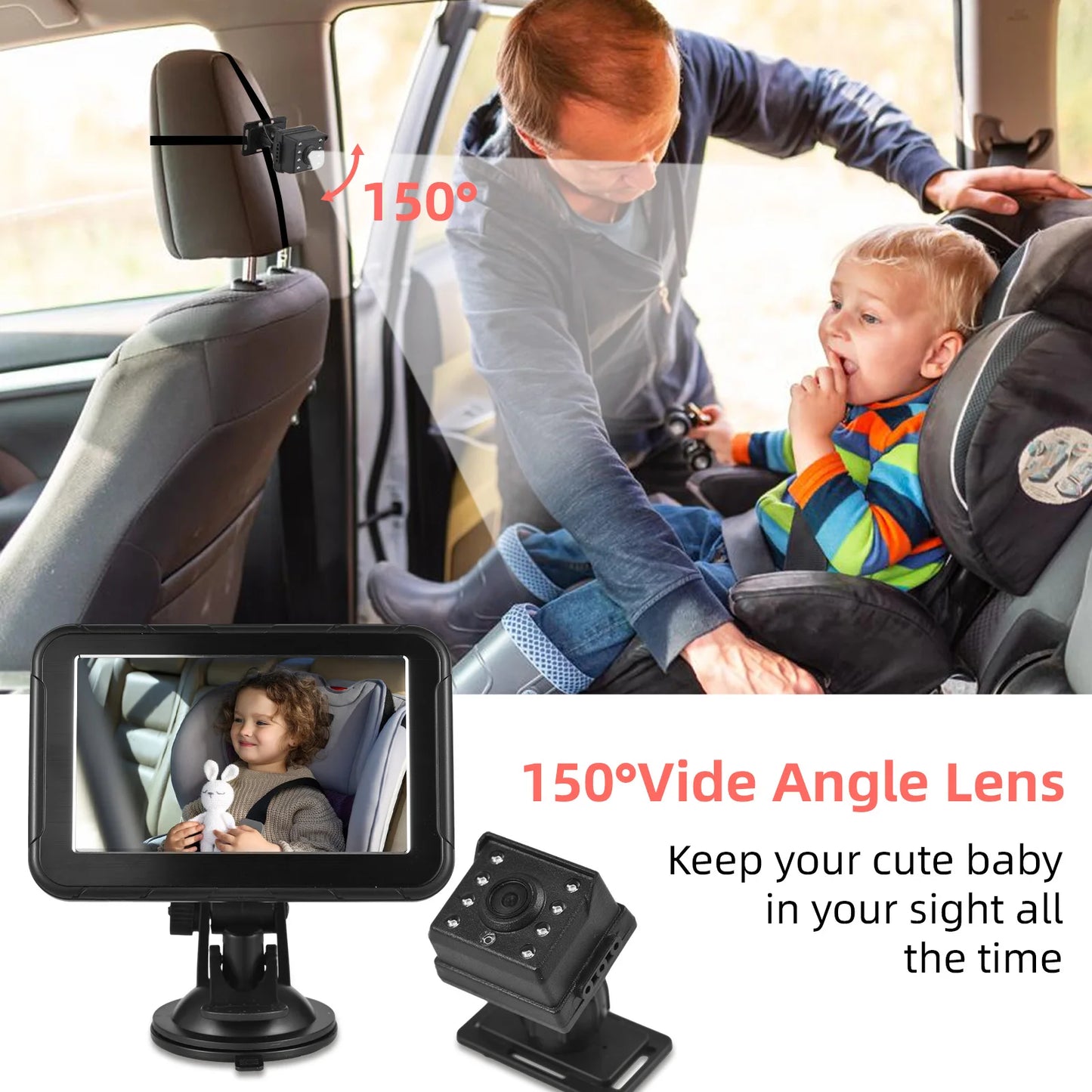 1080P Baby Car Camera – 5" Monitor, Night Vision, 360° View