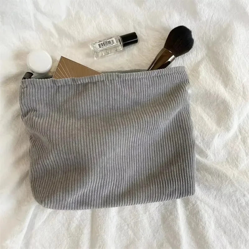 Corduroy Travel Makeup Bag | Large Cosmetic Organizer Clutch Cosmetic Travel Bag Peaceful Pleasures Health and Wellness GRAY