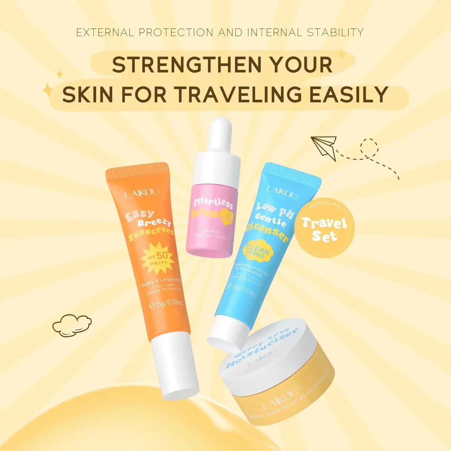 LAIKOU Ceramide Travel Skincare Set – SPF 50 Cleanser Serum Moisturizer
