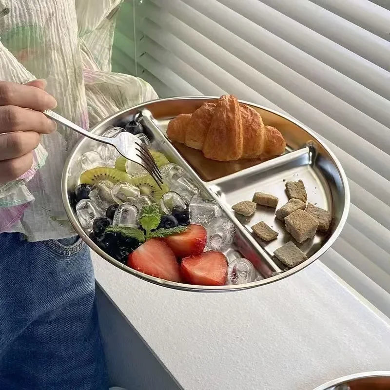 23CM Creative Round Stainless Steel 3 Grid Durable Dinner Plate Serving Tray For Kids Student Quantitative Proportion Meal Plate Peaceful Pleasures Health and Wellness