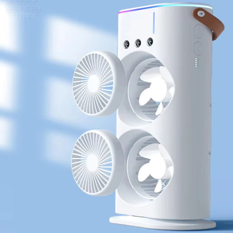 Portable water mist fan, summer mini evaporative air cooler, household double-head water-cooled fan with LED lights Peaceful Pleasures Health and Wellness