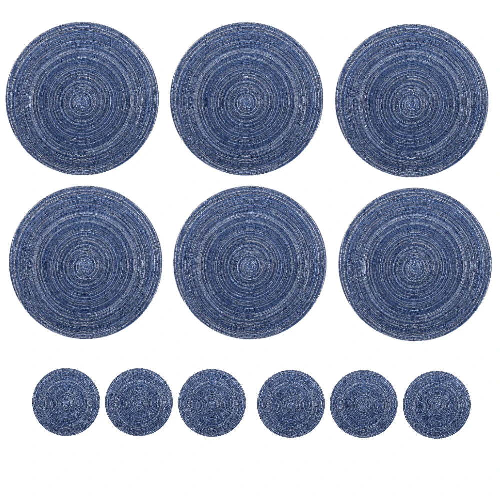 12pcs Round Braided Table Mat Washable Placemats Anti Slip Dining Tableware Bowl Pads Home Kitchen Decor Drink Cup Pad Coasters Peaceful Pleasures Health and Wellness Blue 12xMat 12xCoaster