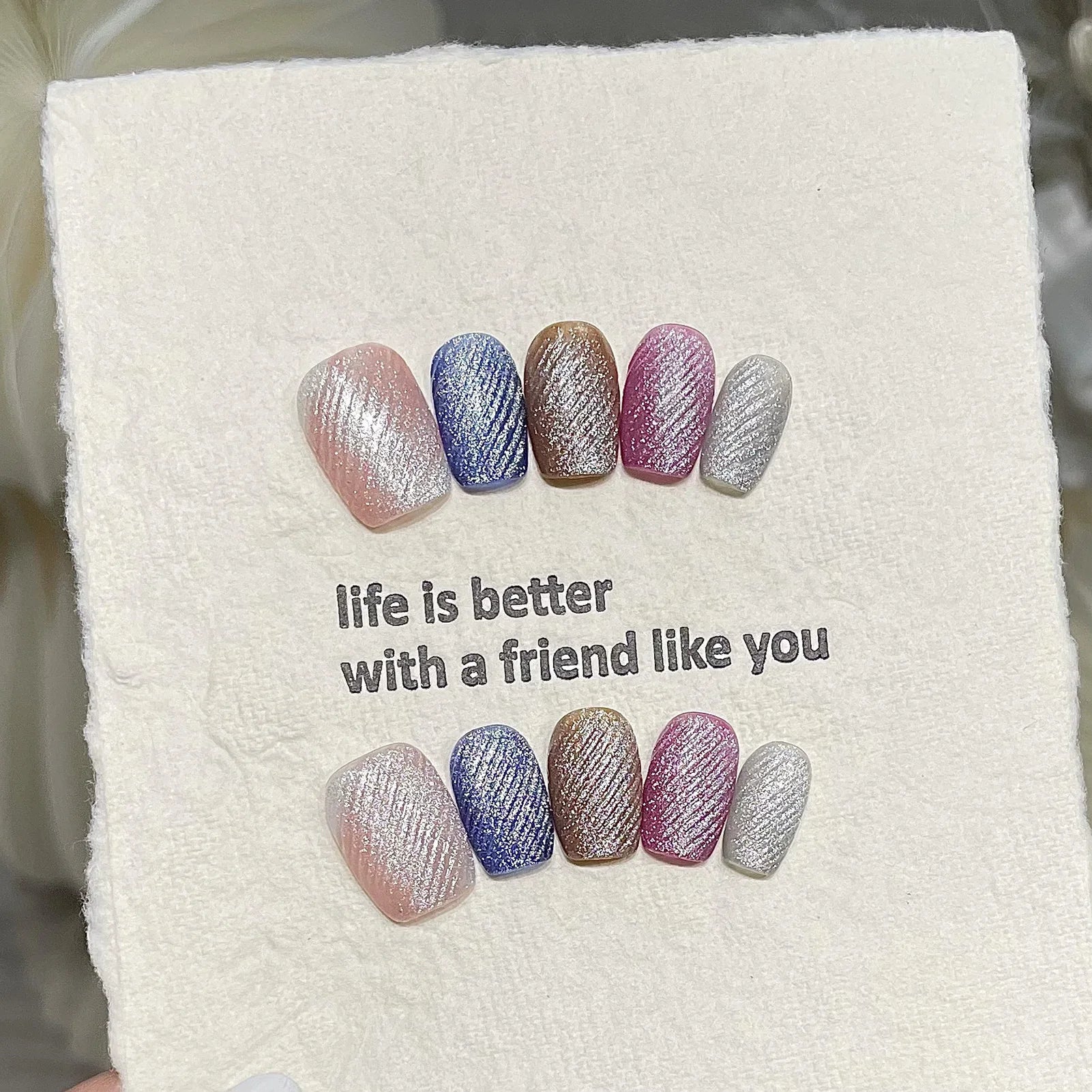 10pcs Velvet Cat Eyes Short Handmade Fake Nails Press On Nails With Gradient Shimmer Design Wearable Colorful Glitter False Nail Peaceful Pleasures Health and Wellness