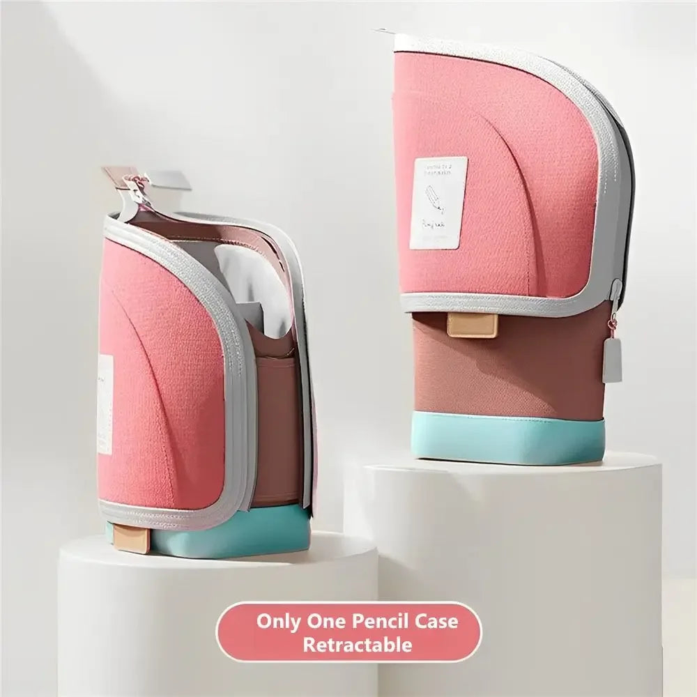 New Fashion 2-in-1 Standing Pencil Case Portable Vertical Student Pen Holder Retractable Pencil Bag Desk Supplies Holders Peaceful Pleasures Health and Wellness Dark Pink