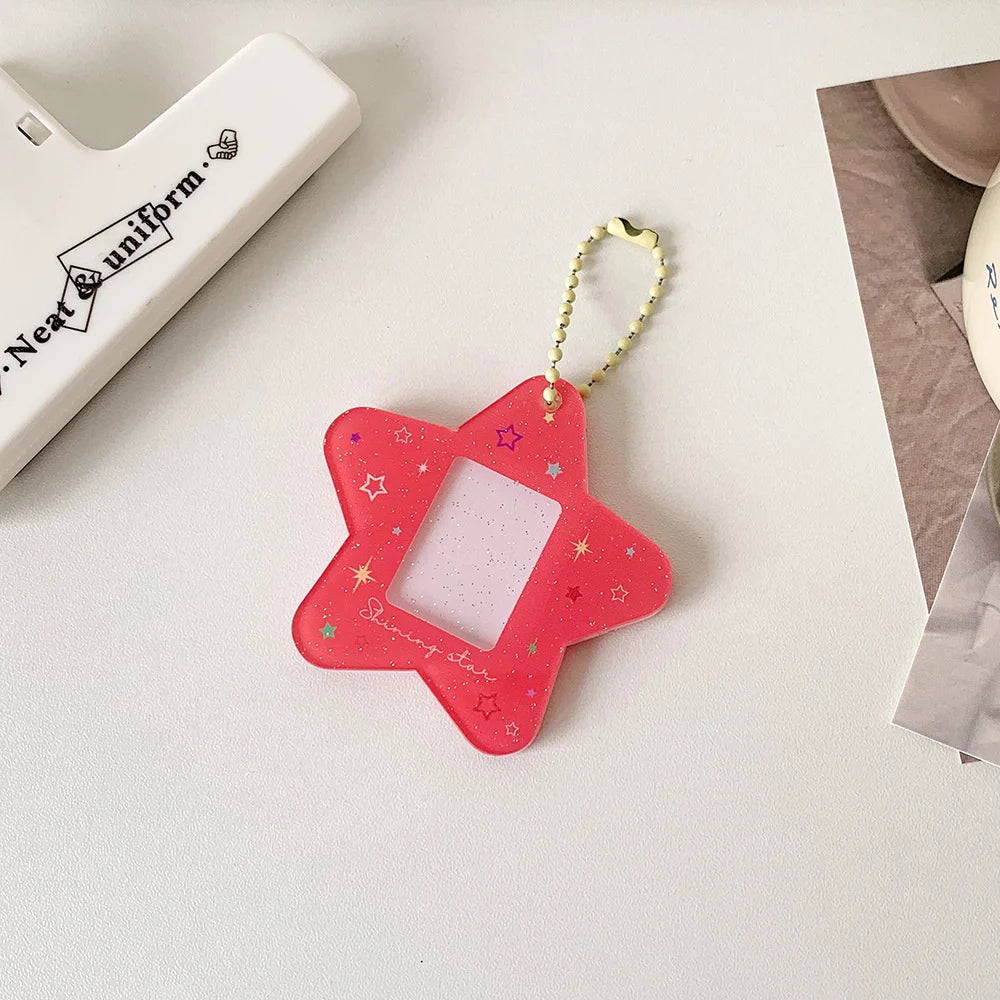 Glitter Five-pointed Star Hard Card Holder One-inch Student ID Photo Decorative Pendant New Acrylic Keychain Pendant Card Holder Peaceful Pleasures Health and Wellness Red