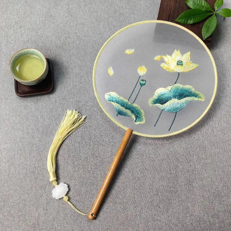 Su Embroidery Silk Round Hand Fan – Wooden Handle & Tassel