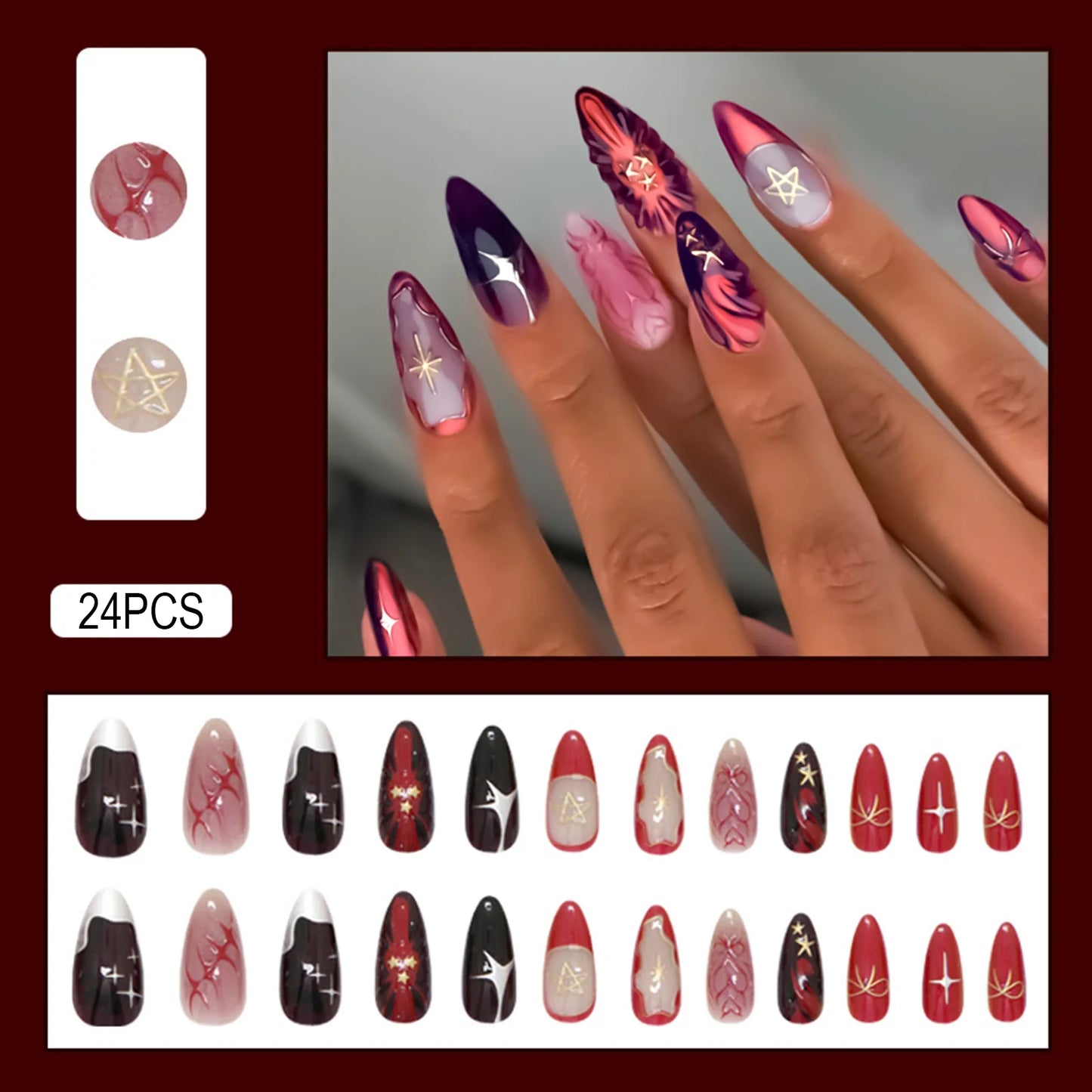 3D Star French Press On Nails – Deep Red Y2K Almond 24pc Set