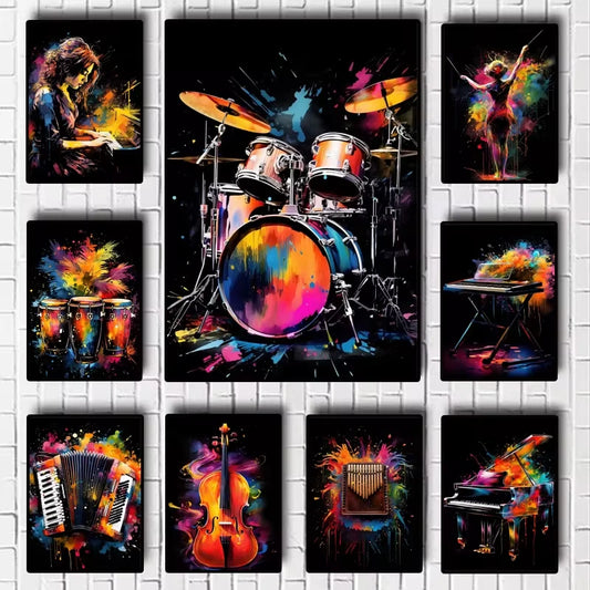 Musical Instruments Canvas Wall Art | Guitar Drum Saxophone Poster Canvas Wall Art Peaceful Pleasures Health and Wellness