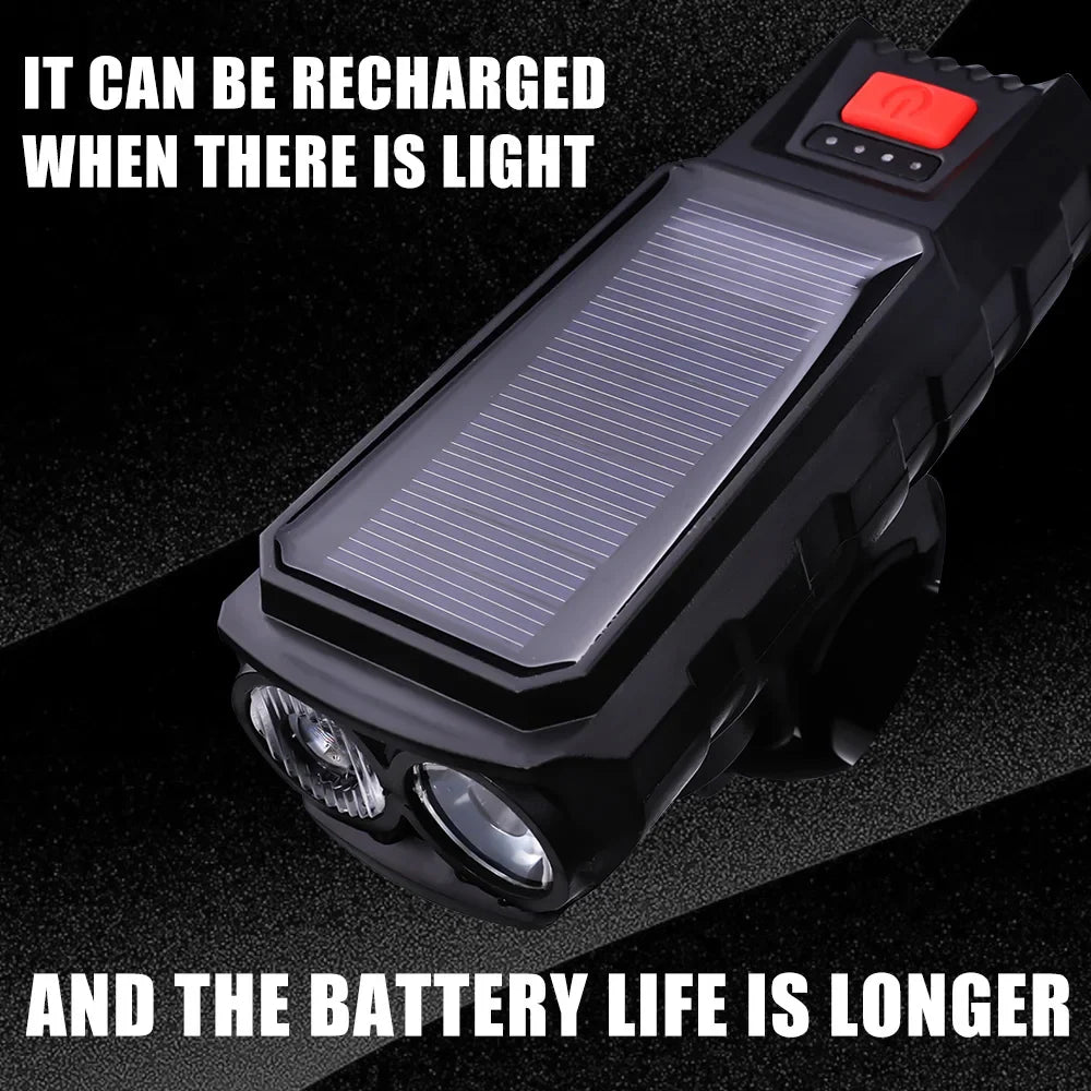 Solar Bike Front Light 300LM USB-C Rechargeable with 120dB Horn