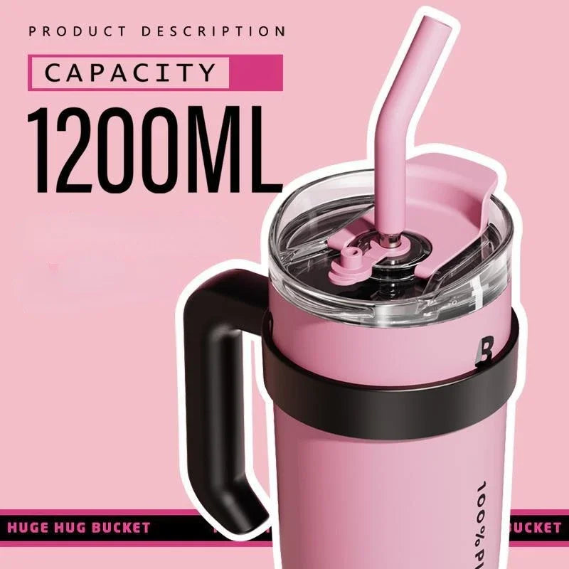 High Appearance 304 Stainless Steel Giant Thermos Cup with Large Capacity with Handle and Straw Ice Cream Cup Car Water Cup Peaceful Pleasures Health and Wellness