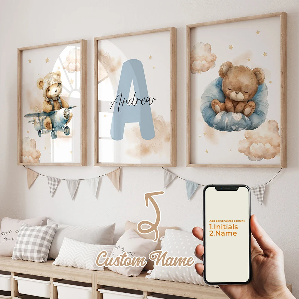 3pcs Personalized Name Brown Bear Wall Art Print Picture Canvas Poster Painting Living Room Children's Room Home Decor Peaceful Pleasures Health and Wellness GA-N072-3pcs 40x50cm Unframed