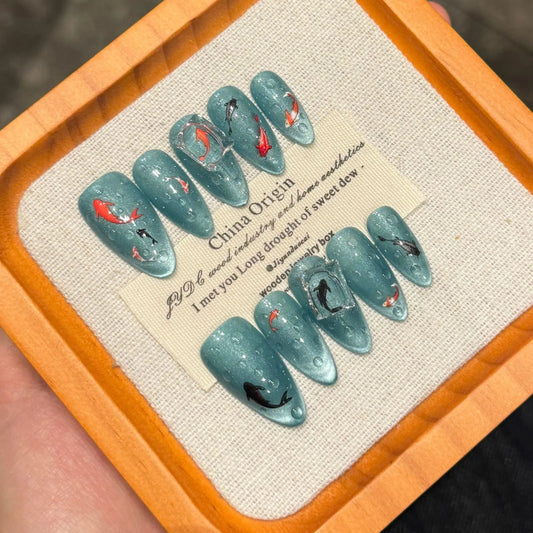 Handmade Press on nails Good Luck Fish Chinese Style False Nails Full Cover Wearable Ins Almond Blue Cat Eye Fake Nail Tips Peaceful Pleasures Health and Wellness L