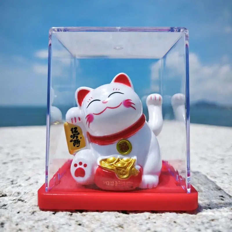 Solar Waving Lucky Cat Ornament | Mini 2" Desk Fortune Décor