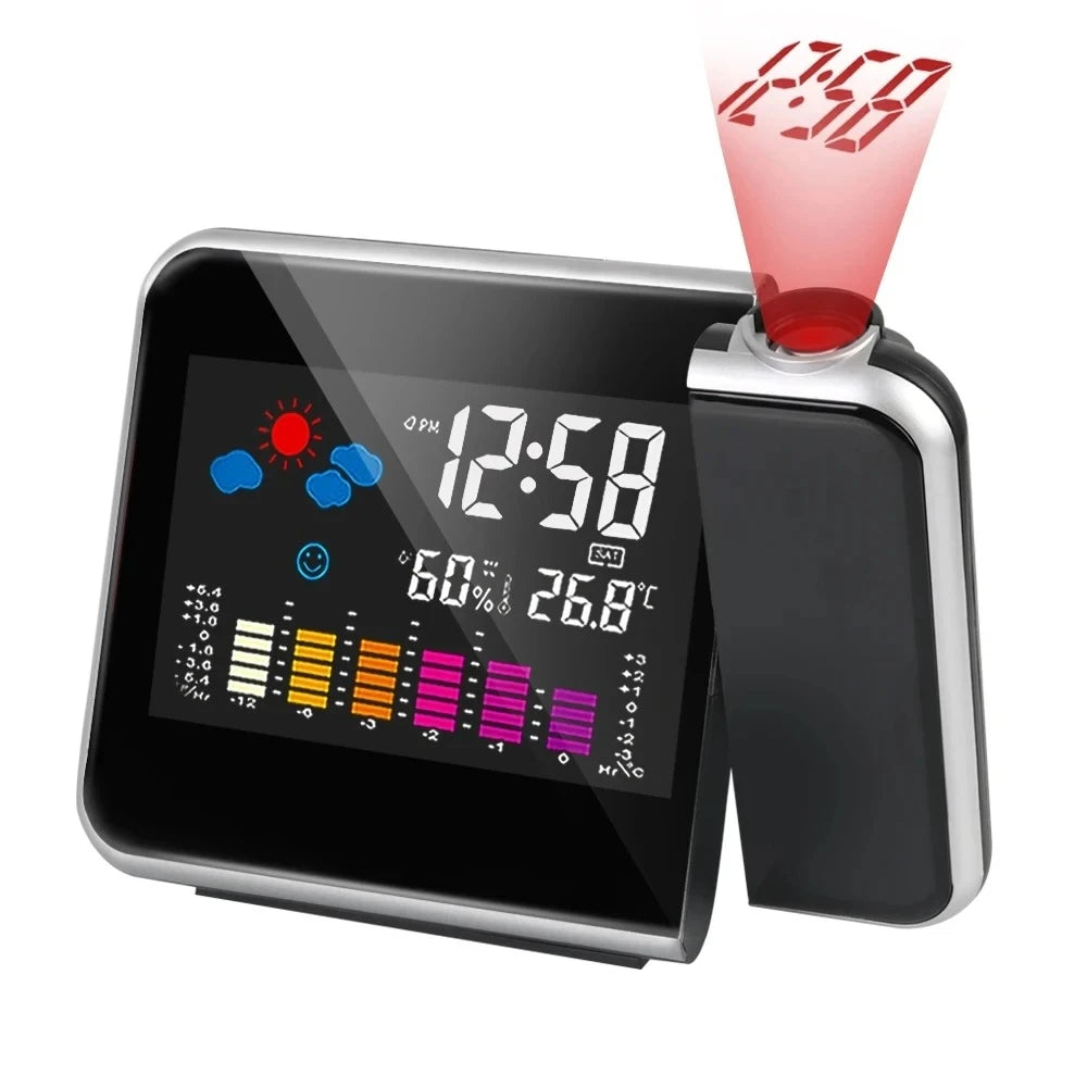 LED Rotating Projection Digital Alarm Clock Color Screen Display Home Desktop Decoration Peaceful Pleasures Health and Wellness Black