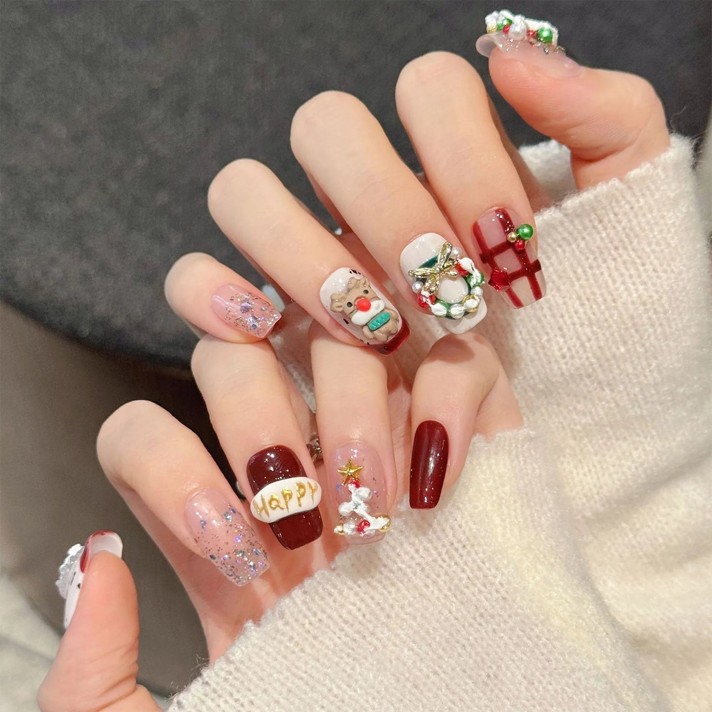 Christmas Press On Nails | 3D Glitter Sequin Designs – 10pcs