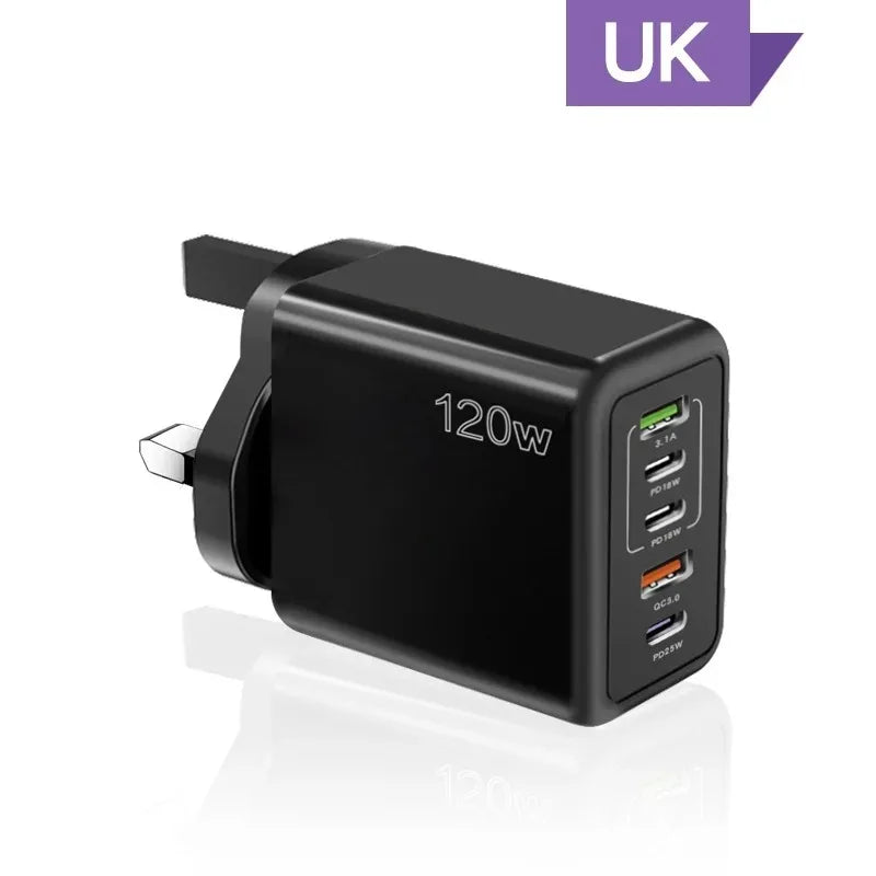 120W 5-Port USB-C PD Fast Wall Charger | Quick Charge 3.0