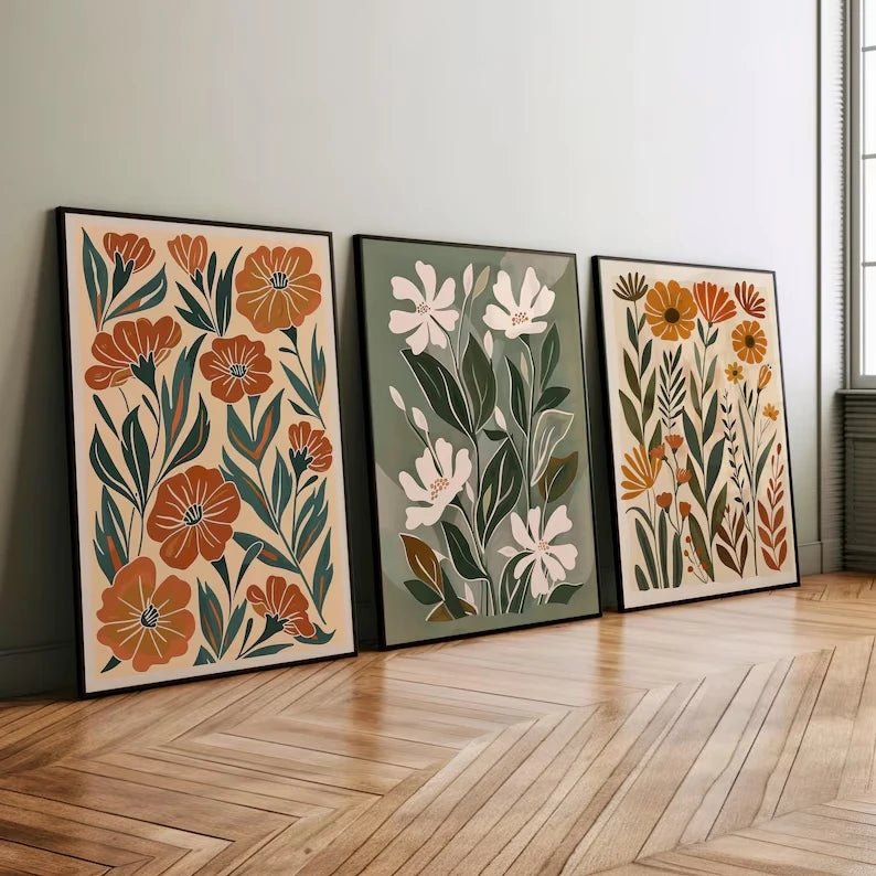 3-Piece Boho Wildflower Canvas Wall Art Print Set | Home Decor