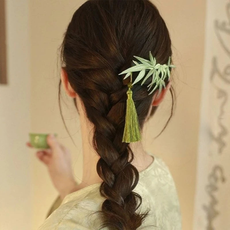 National Style Bamboo Leaf Tassel Hair Clip Womens Curly Hair Side Clip Hair Accessory Peaceful Pleasures Health and Wellness