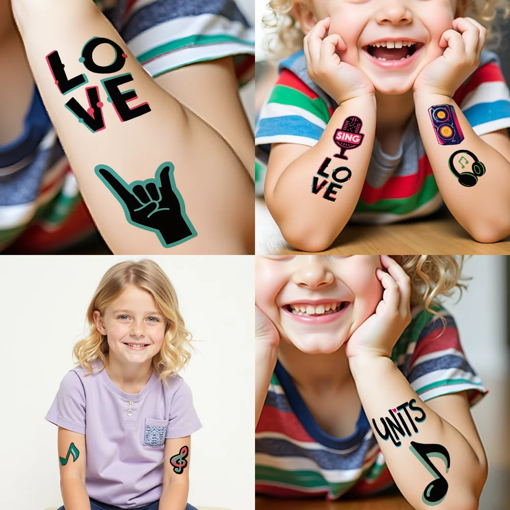 63-Pack Music Cartoon Temporary Tattoos – Waterproof Stickers