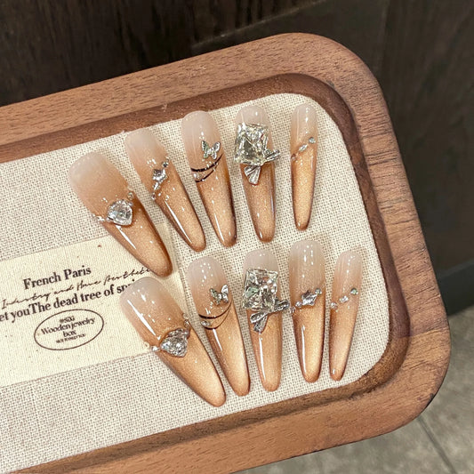 Crystal Cat Eye Press-On Nails | Long Oval French False Nails Press-On Nail Set Peaceful Pleasures Health and Wellness M