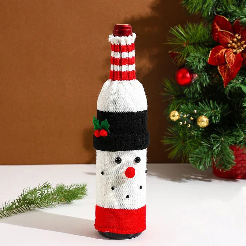 Christmas Decorations Knitted Wool Belts Old Man Wine Bottle Covers Set Table Decorations Kitchen Cute Cartoon Decorations New Peaceful Pleasures Health and Wellness Snowman 3 PCS