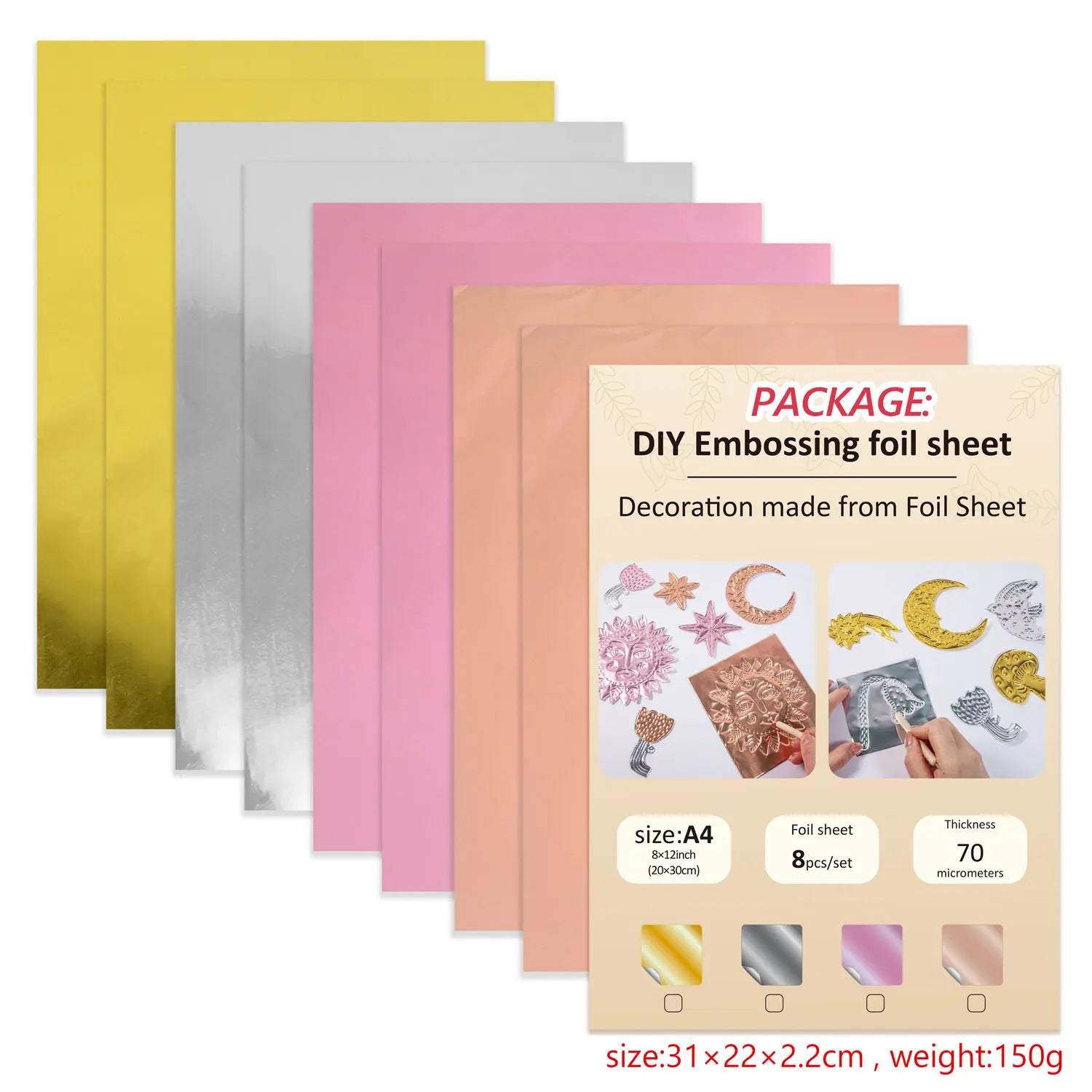 8-Piece Metal Embossing Foil Sheets Kit | Gold Silver Pink Rose Gold Metal Embossing Kit Peaceful Pleasures Health and Wellness Gold Silver Pink Ros