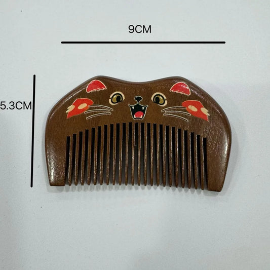 Handcrafted Sandalwood Hair Comb – Carved Cat Design | Portable Wooden Hair Comb Oasis Select Style 5