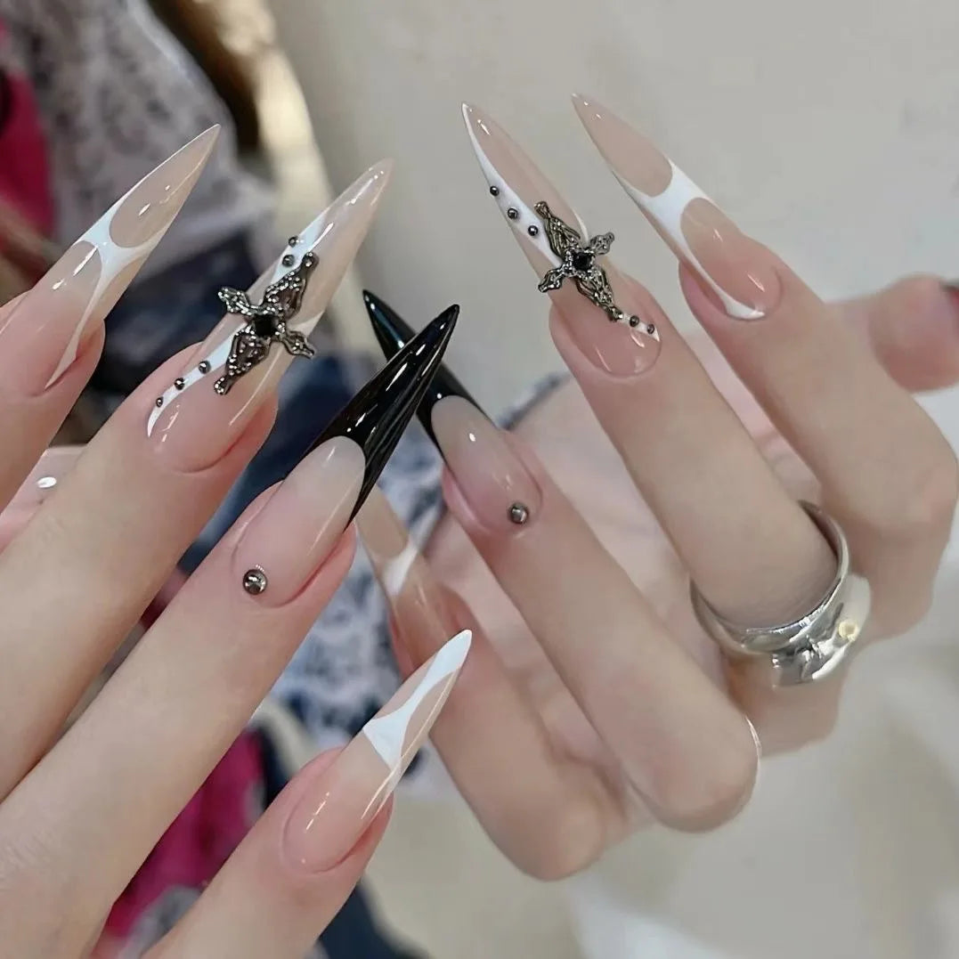 10pcs Handmade Press on Nails Gothic Punk Metal Silver Irregular Lines Fake Nail Tips Wearable Dark Blue Spice Girl False Nails Peaceful Pleasures Health and Wellness S